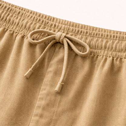 Mens Linen Beach Shirt Pants Set Lightweight Beige