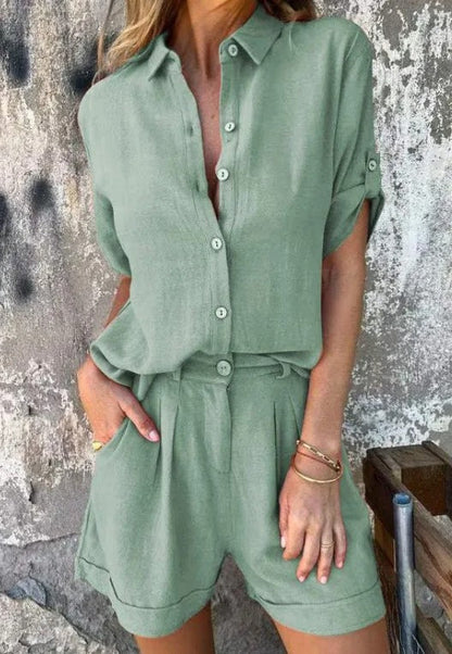 Women's Button Shirt Shorts Set