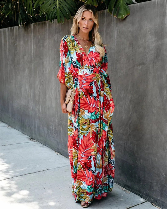 Women's Boho Beach Cover Up Flowy Wrap Dress - Fashinoza