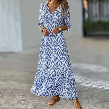 Women's V-Neck Maxi Dress Tiered Hem Half Sleeves - 
Fashinoza