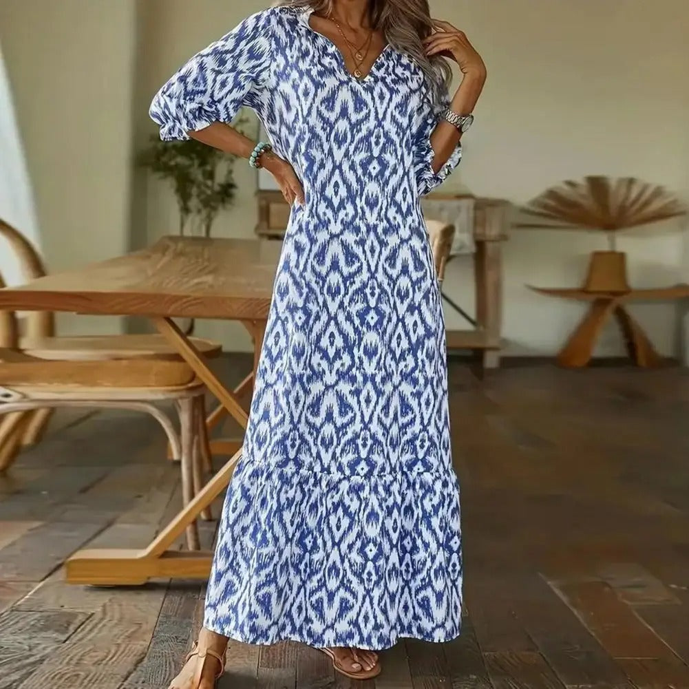 Women's V-Neck Maxi Dress Tiered Hem Half Sleeves