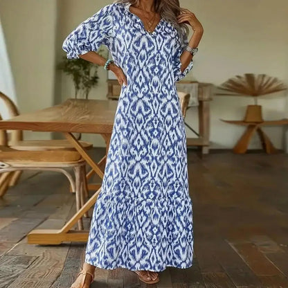 Women's V-Neck Maxi Dress Tiered Hem Half Sleeves