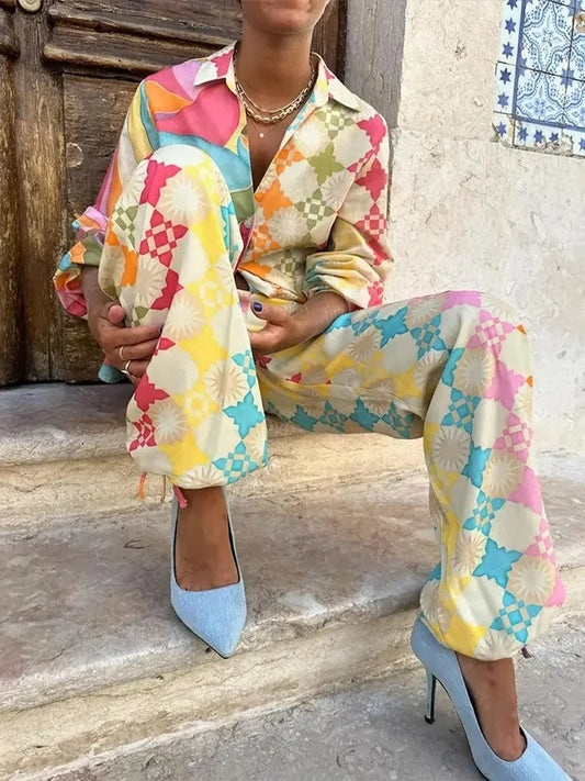 Women's Geometric Print Shirt And Pants Set - 
Fashinoza