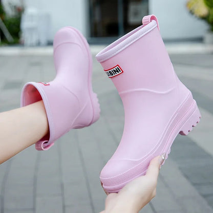 Women's Waterproof Mid-Calf Rain Boots Non-Slip Sole Black