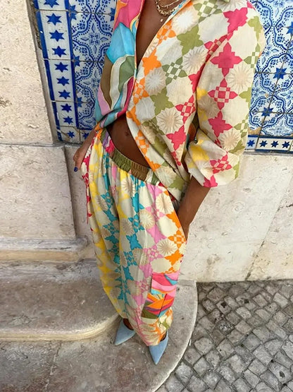 Women's Geometric Print Shirt And Pants Set