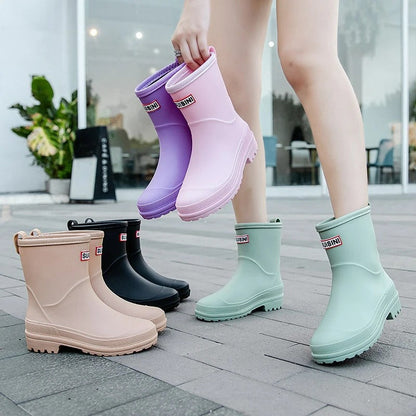 Women's Waterproof Mid-Calf Rain Boots Non-Slip Sole Black