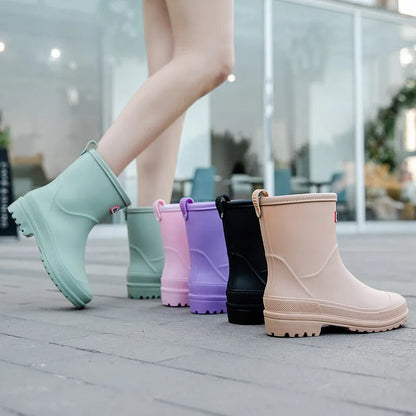 Women's Waterproof Mid-Calf Rain Boots Non-Slip Sole Black