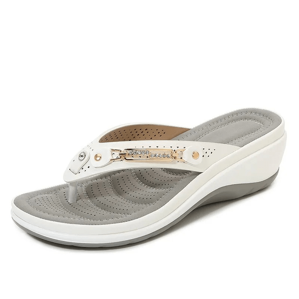 Women's Genuine Cow Leather Wedge Flip Flops with Metal Button Platform Sandals