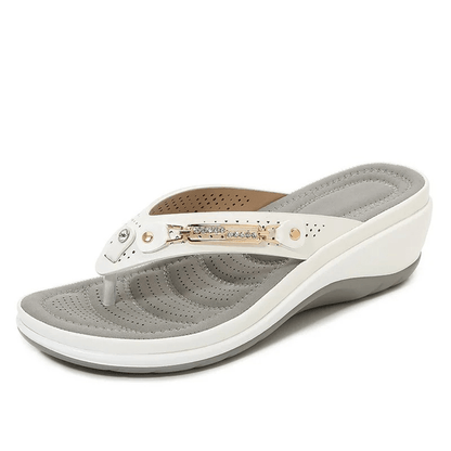 Women's Genuine Cow Leather Wedge Flip Flops with Metal Button Platform Sandals