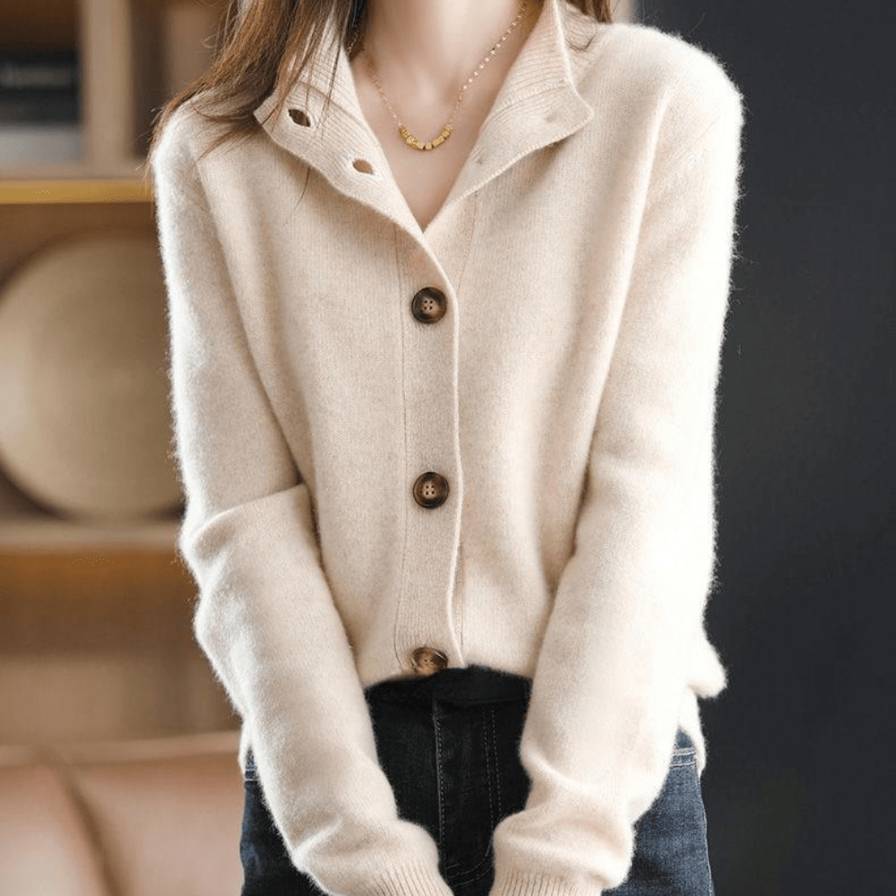 Women's Knit Cardigan Button-Up Classic Lapel Collar Beige