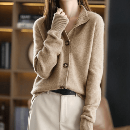 Women's Knit Cardigan Button-Up Classic Lapel Collar Beige