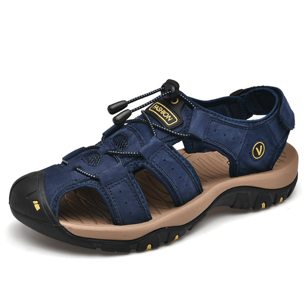Men's Genuine Leather Sandals Outdoor Roman Beach Shoes with Closed Toe Protection