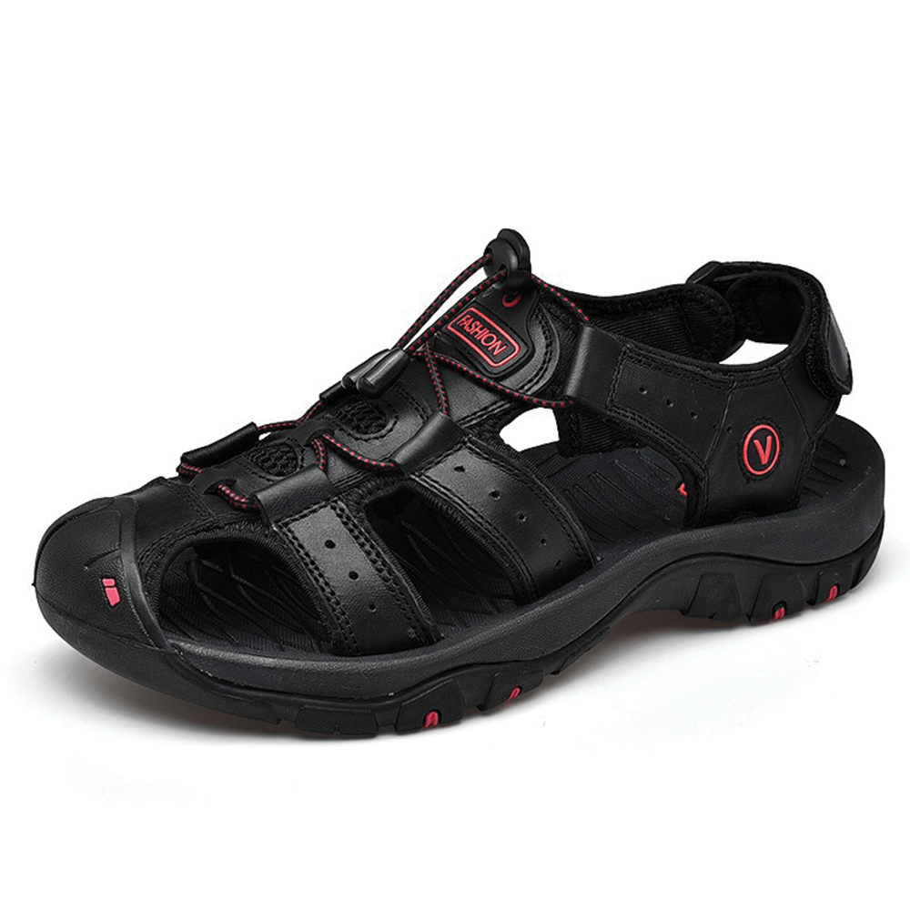 Men's Genuine Leather Sandals Outdoor Roman Beach Shoes with Closed Toe Protection