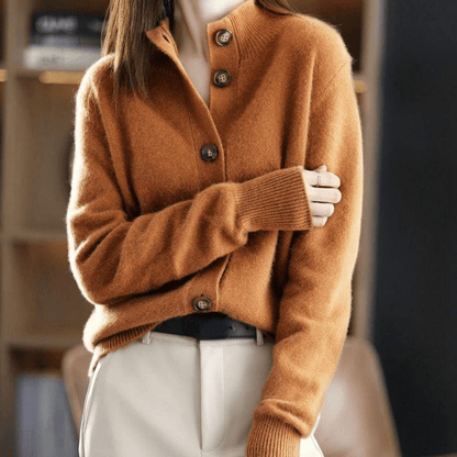 Women's Knit Cardigan Button-Up Classic Lapel Collar Beige