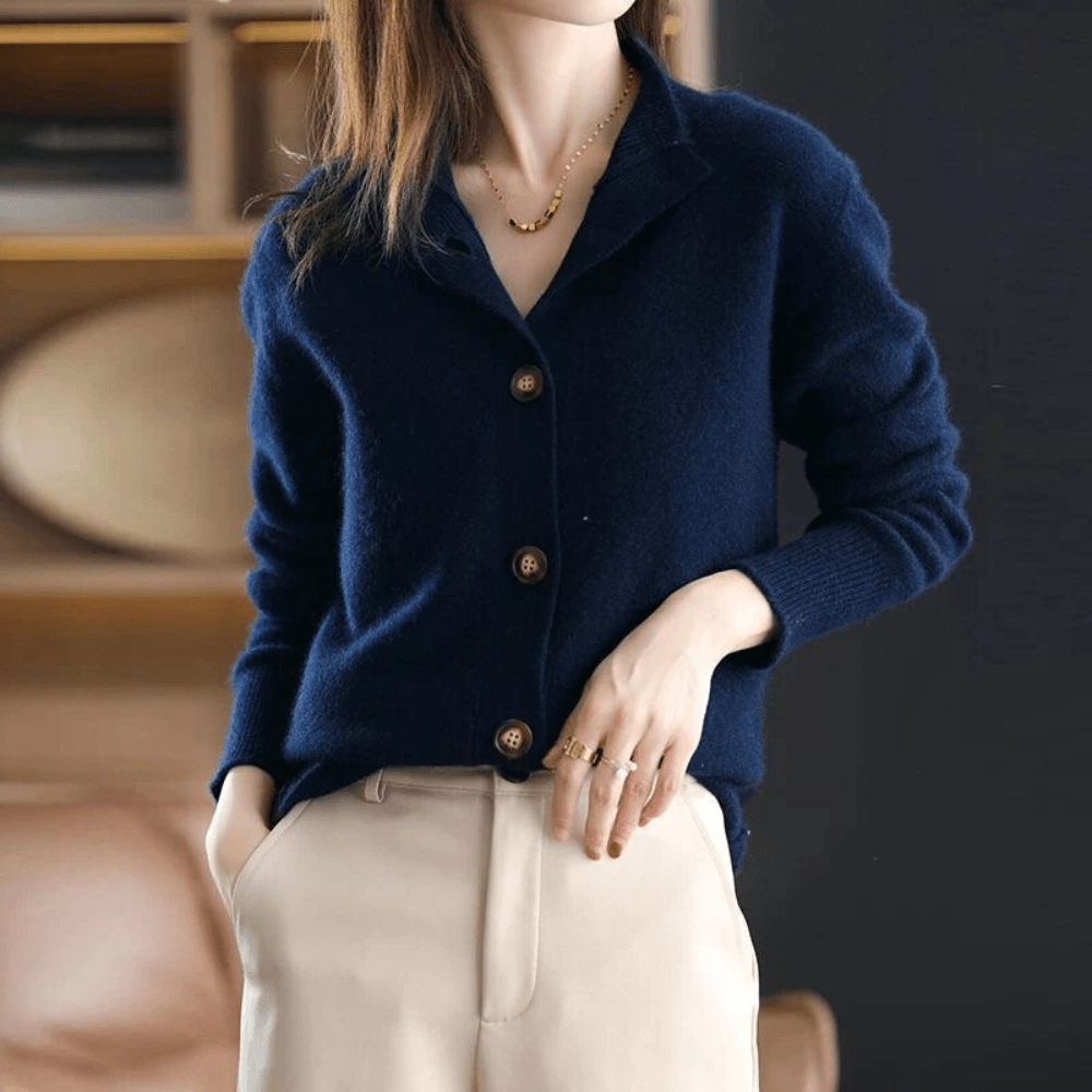 Women's Knit Cardigan Button-Up Classic Lapel Collar Beige - Fashinoza