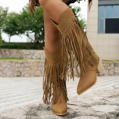 Women's Fringe Knee High Leather Boots - Fashinoza