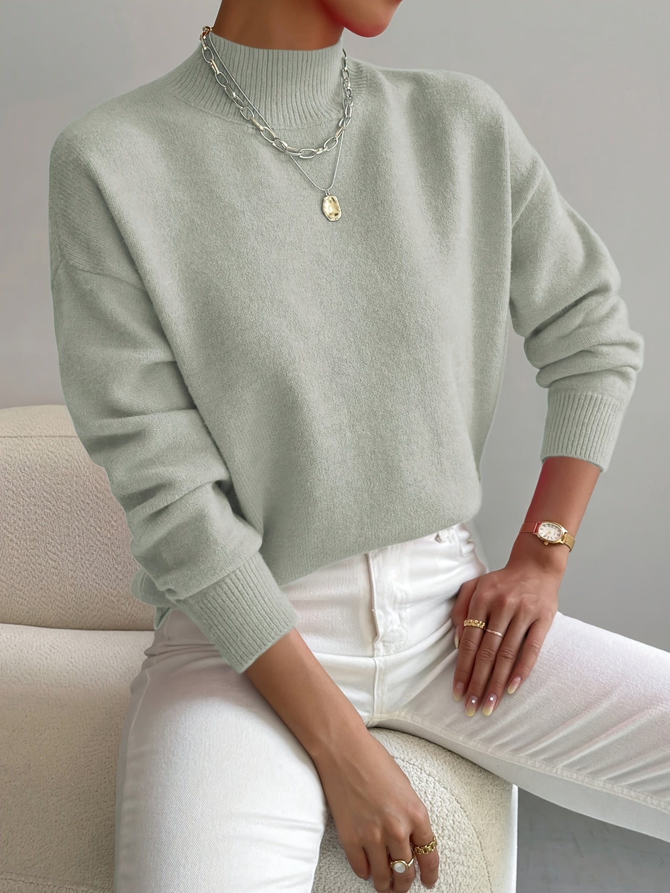 Women's Plain Long Sleeve Sweater - Fashinoza