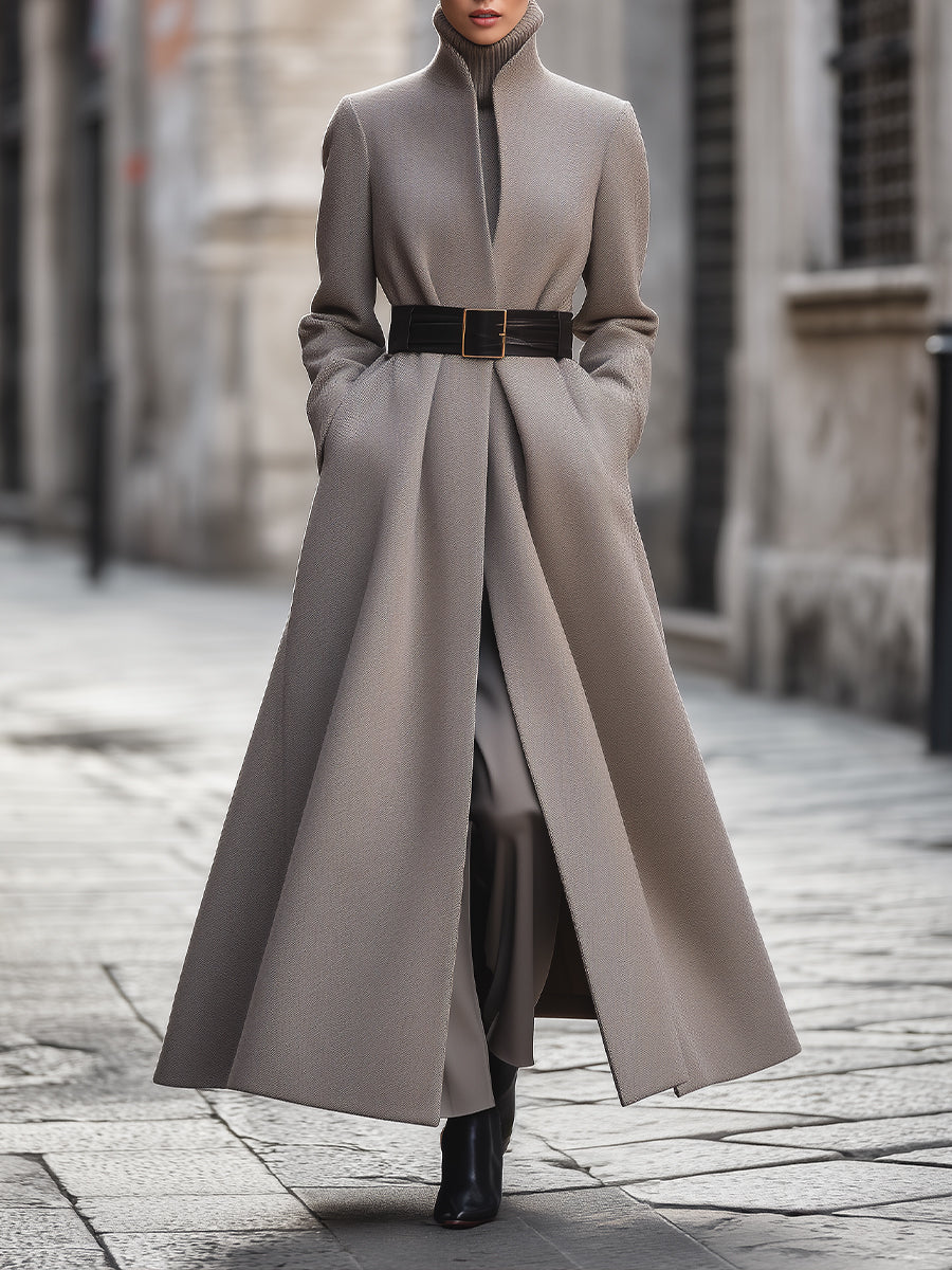 Women's Belted Long Wool Coat - Fashinoza
