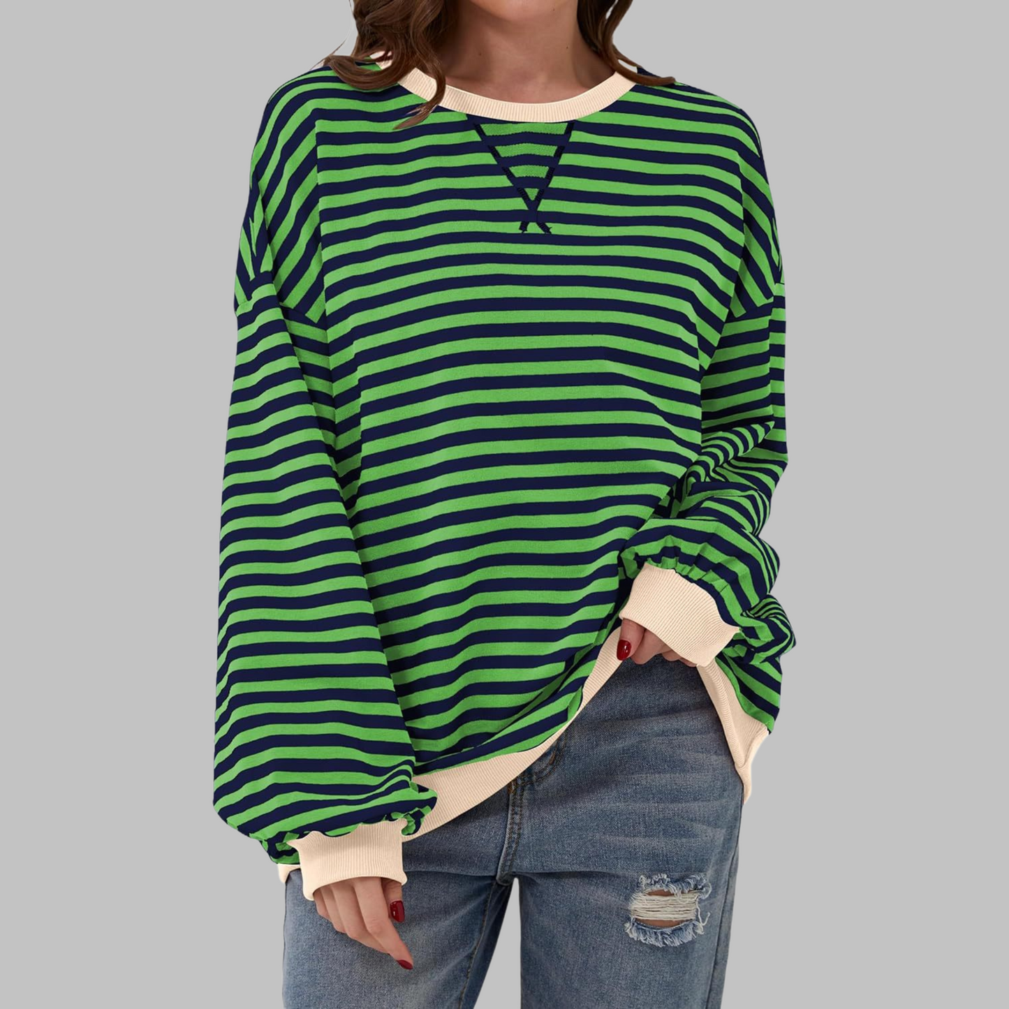 Women's Striped Long Sleeve Crewneck Sweater - Fashinoza