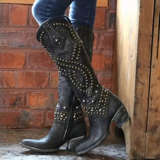 Women's Studded Knee High Leather Boots - Fashinoza