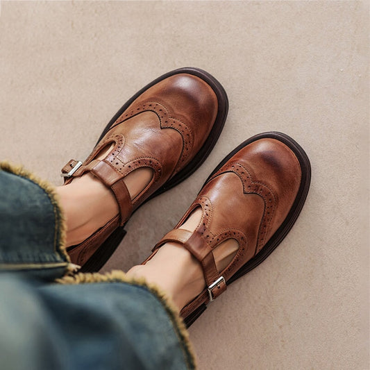 Women's Leather Mary Jane Shoes Block Heel Brown - Fashinoza