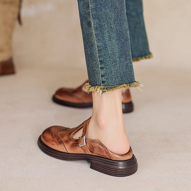 Women's Leather Mary Jane Shoes Block Heel Brown