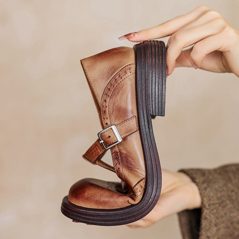 Women's Leather Mary Jane Shoes Block Heel Brown