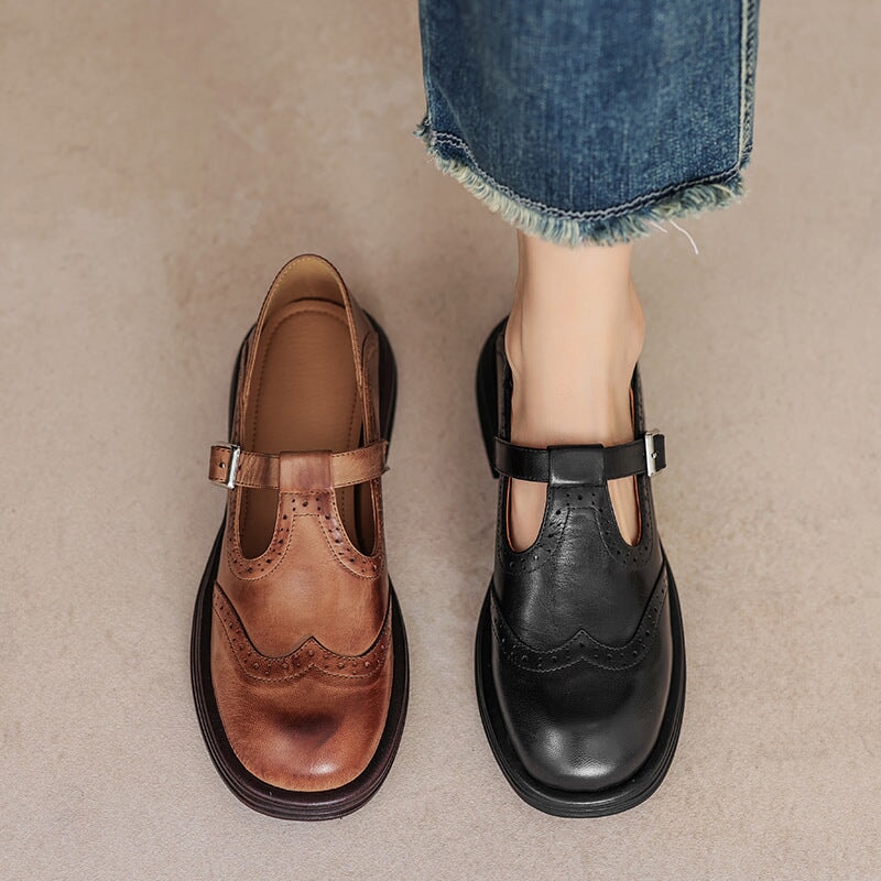 Women's Leather Mary Jane Shoes Block Heel Brown