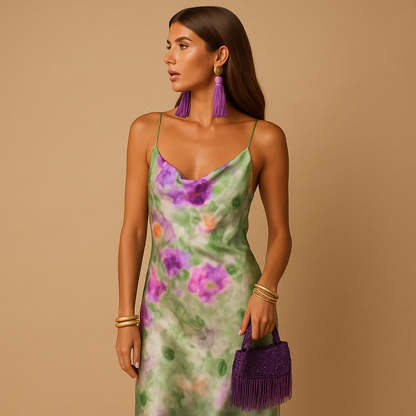 Women's V-Neck Maxi Dress Artistic Print - 
Fashinoza