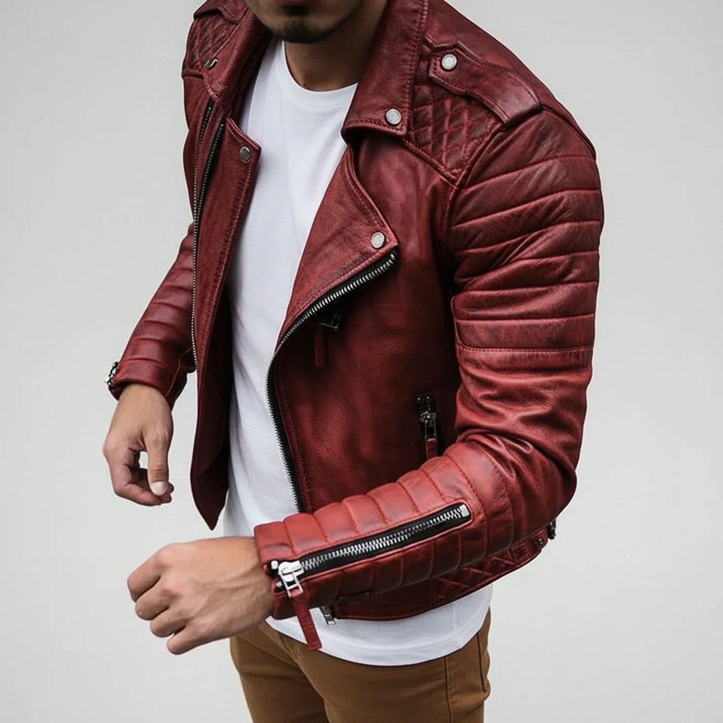 Men's Quilted Biker Leather Jacket - Fashinoza