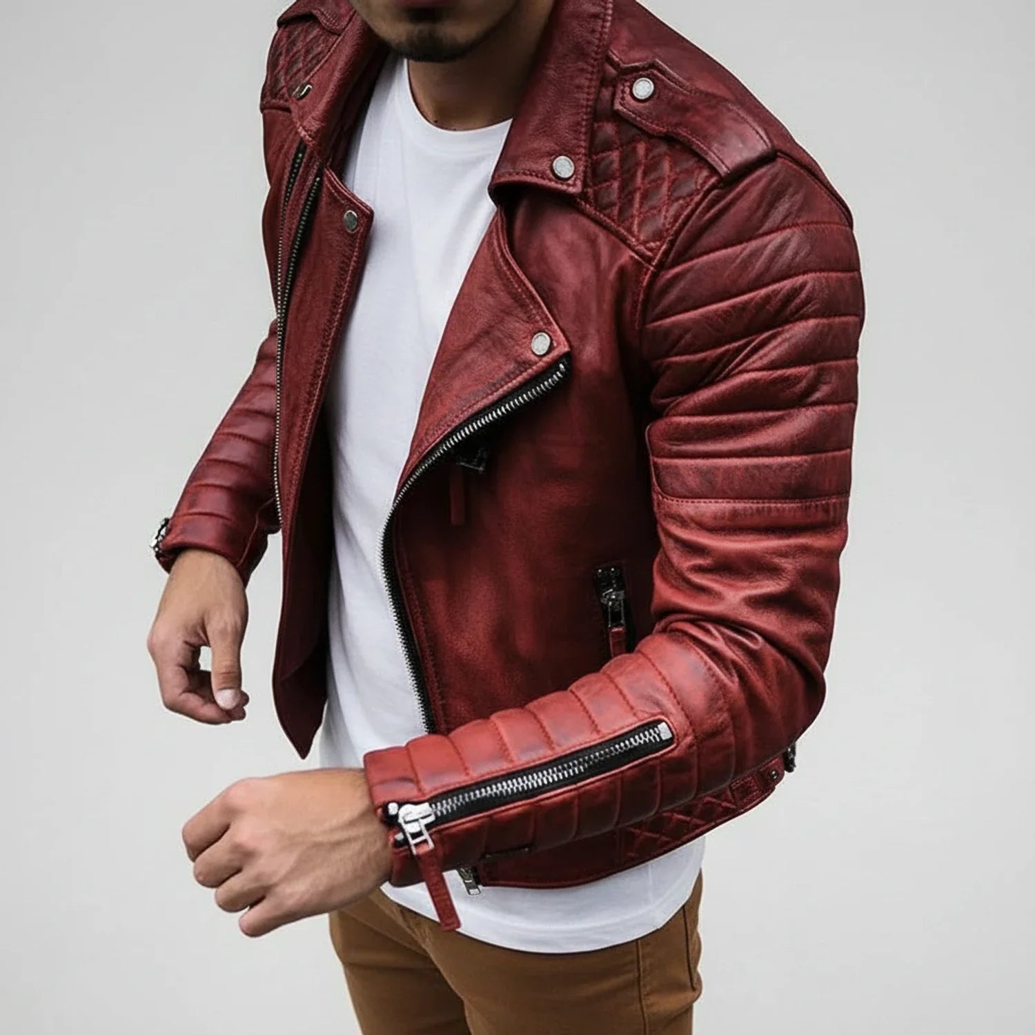 Men's Quilted Biker Leather Jacket - Fashinoza