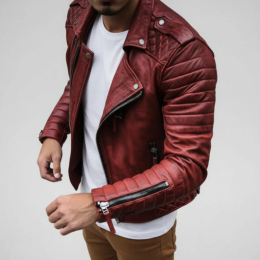 Men's Quilted Biker Leather Jacket - Fashinoza