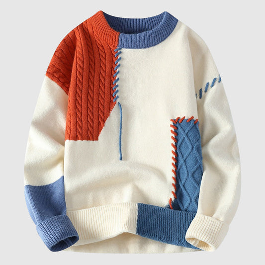 Men's Crewneck Sweater Cable Knit Patchwork Grey - 
Fashinoza