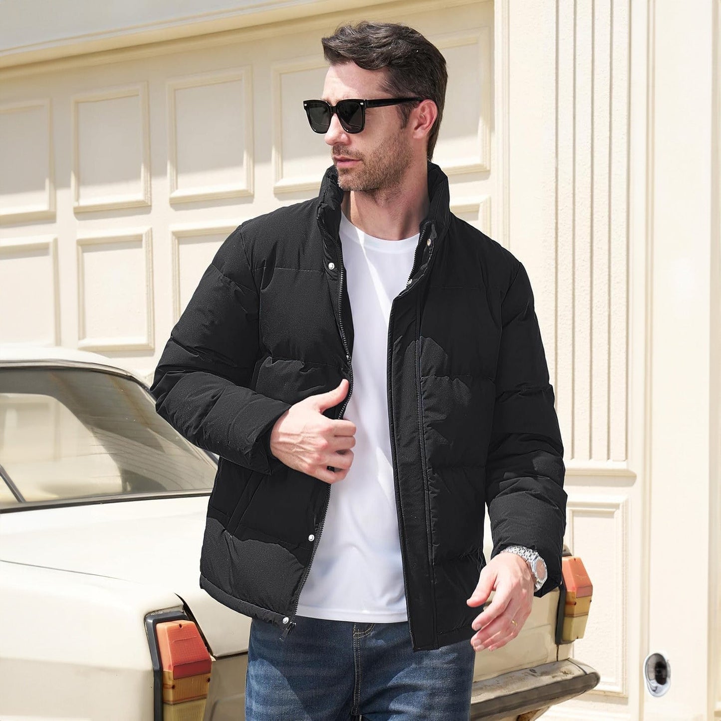 Men's Down Puffer Jacket Water-Resistant Windproof Warm Black
