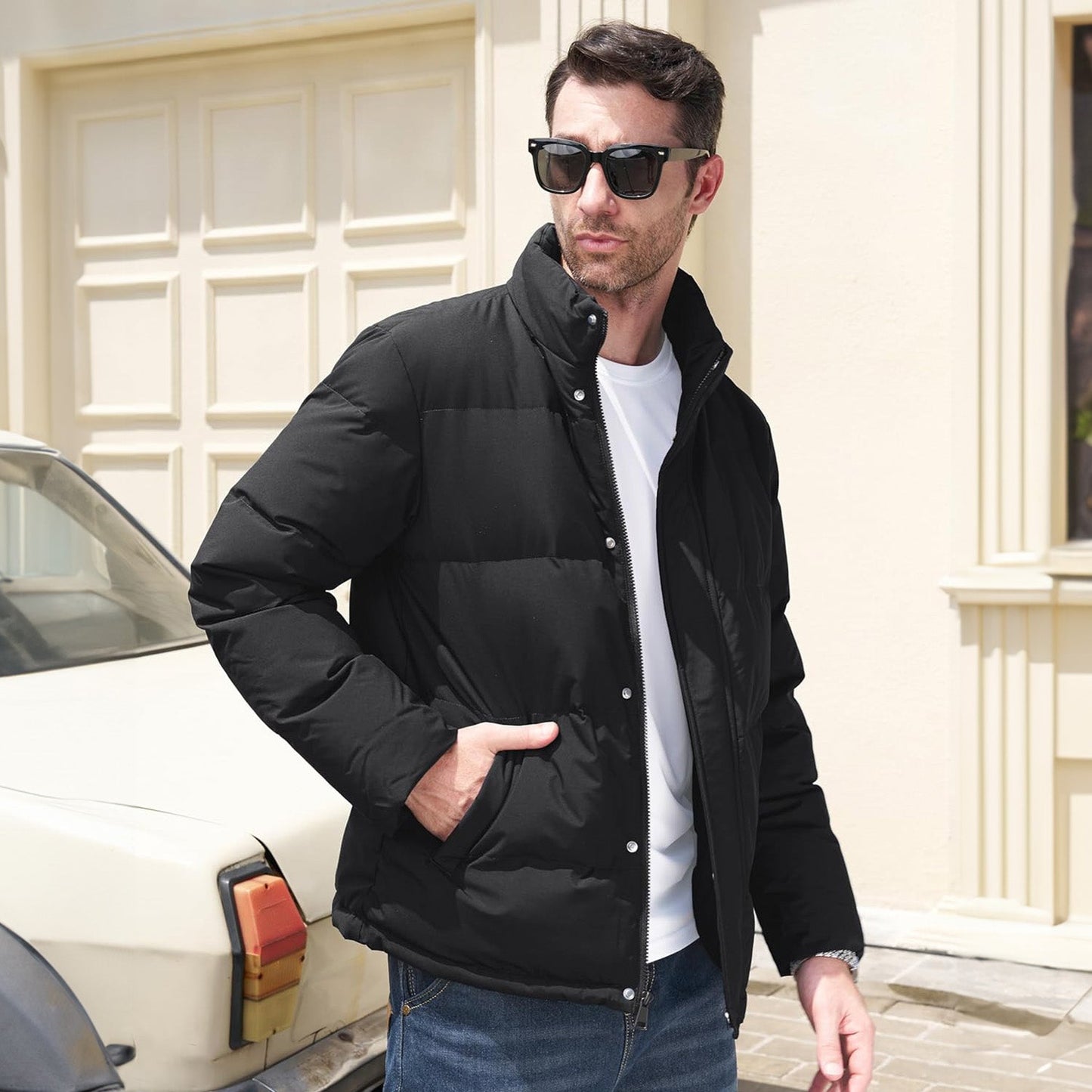Men's Down Puffer Jacket Water-Resistant Windproof Warm Black