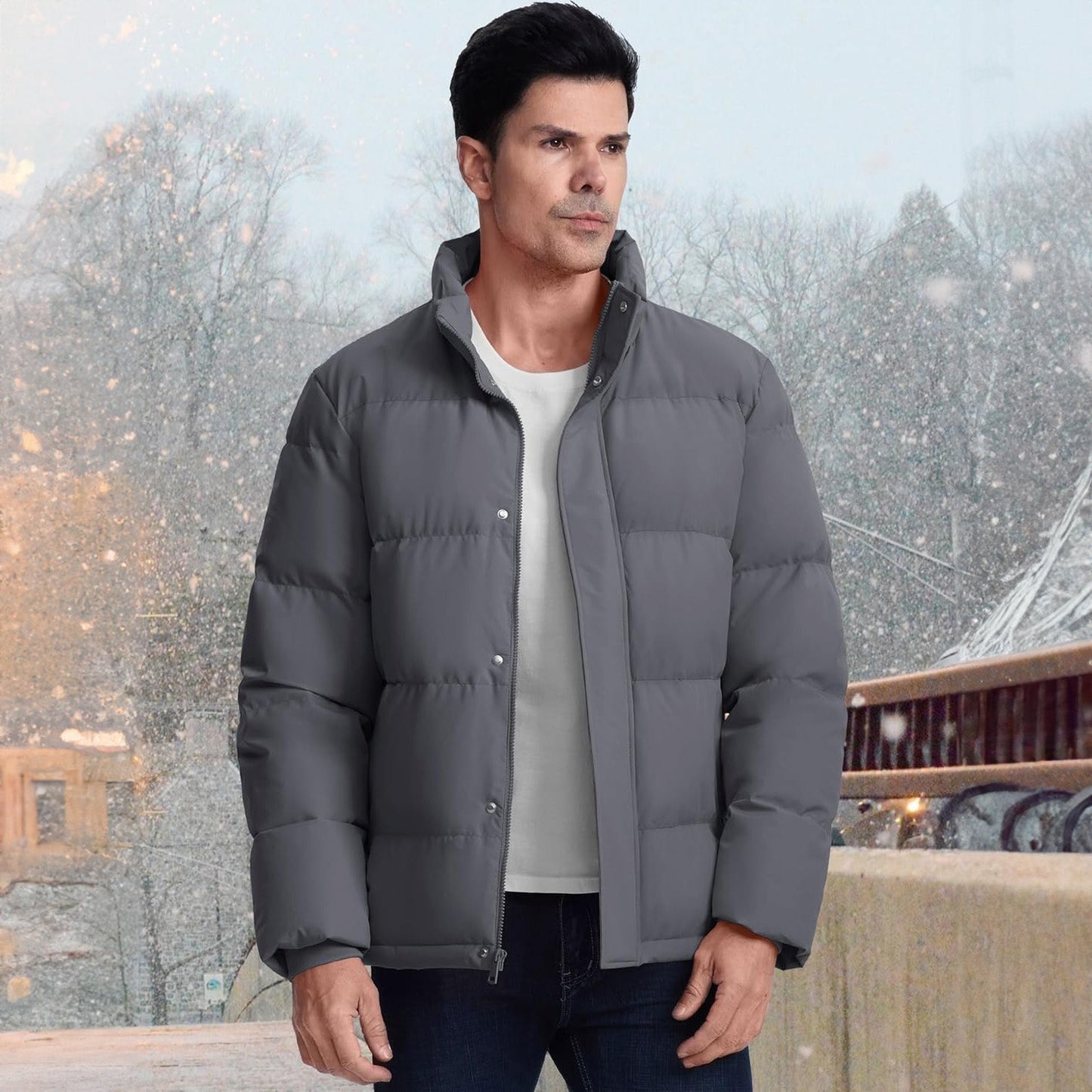 Men's Down Puffer Jacket Water-Resistant Windproof Warm Black