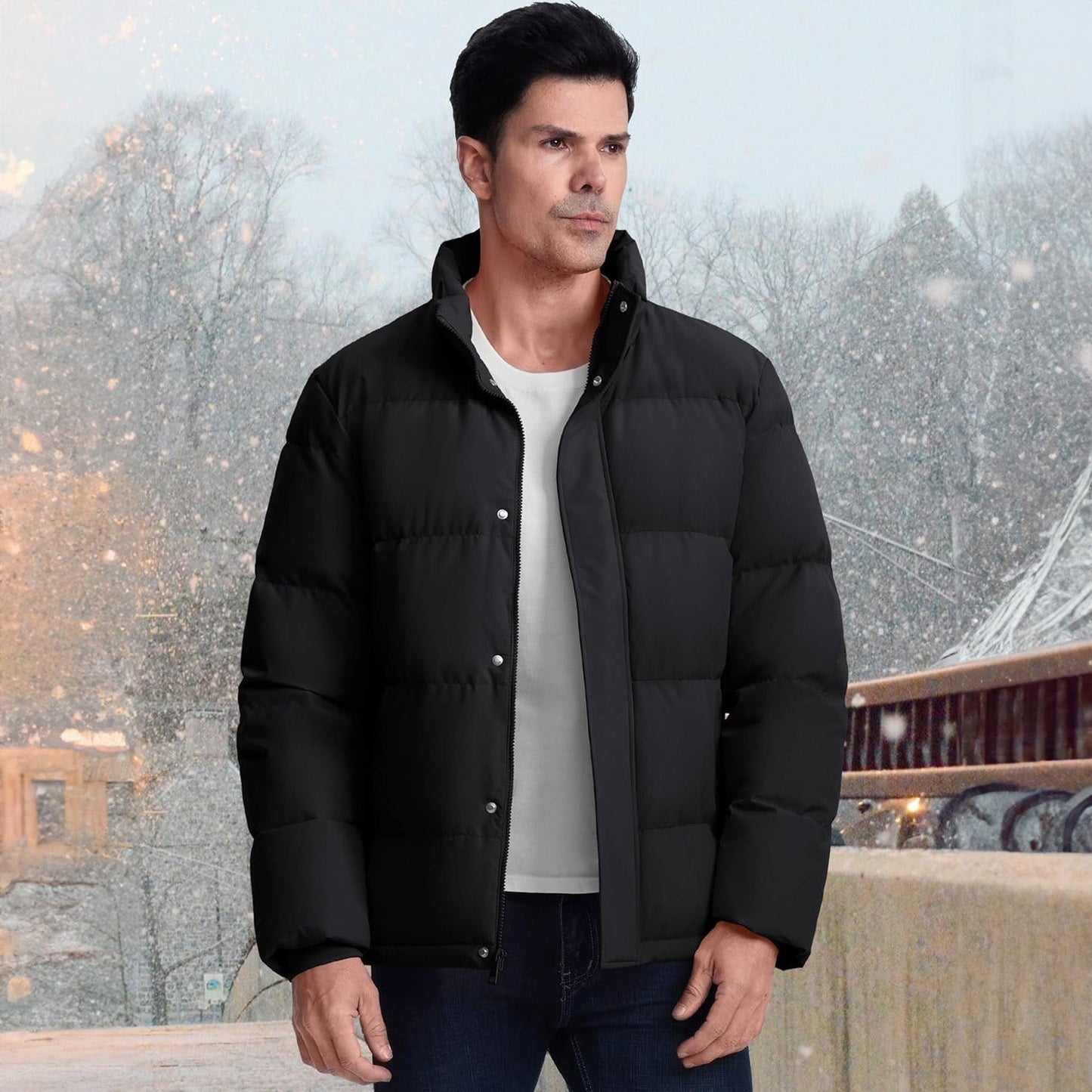 Men's Down Puffer Jacket Water-Resistant Windproof Warm Black