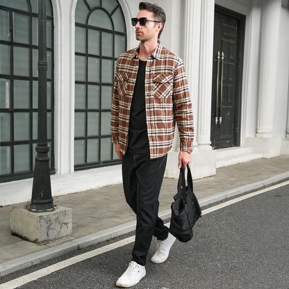 Men's Flannel Shirt Jacket Fleece Lined Cotton Warm Brown