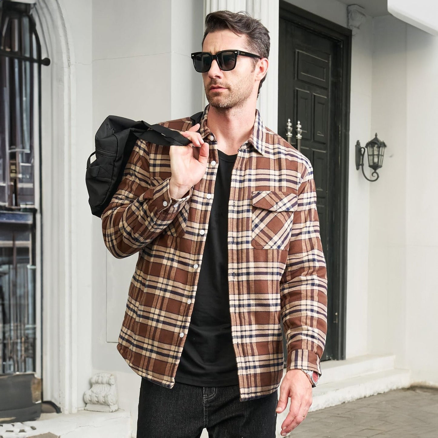 Men's Flannel Shirt Jacket Fleece Lined Cotton Warm Brown