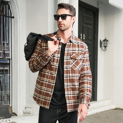 Men's Flannel Shirt Jacket Fleece Lined Cotton Warm Brown