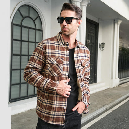 Men's Flannel Shirt Jacket Fleece Lined Cotton Warm Brown