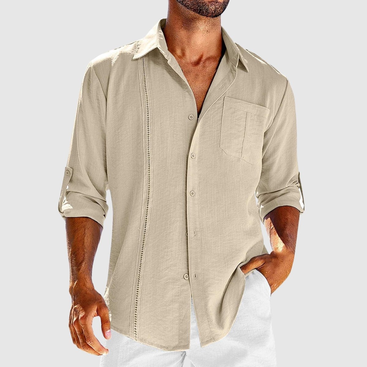 Men's Linen Shirt Roll-Tab Sleeves Embroidered Panel - 
Fashinoza