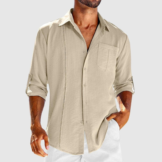 Men's Linen Shirt Roll-Tab Sleeves Embroidered Panel - 
Fashinoza