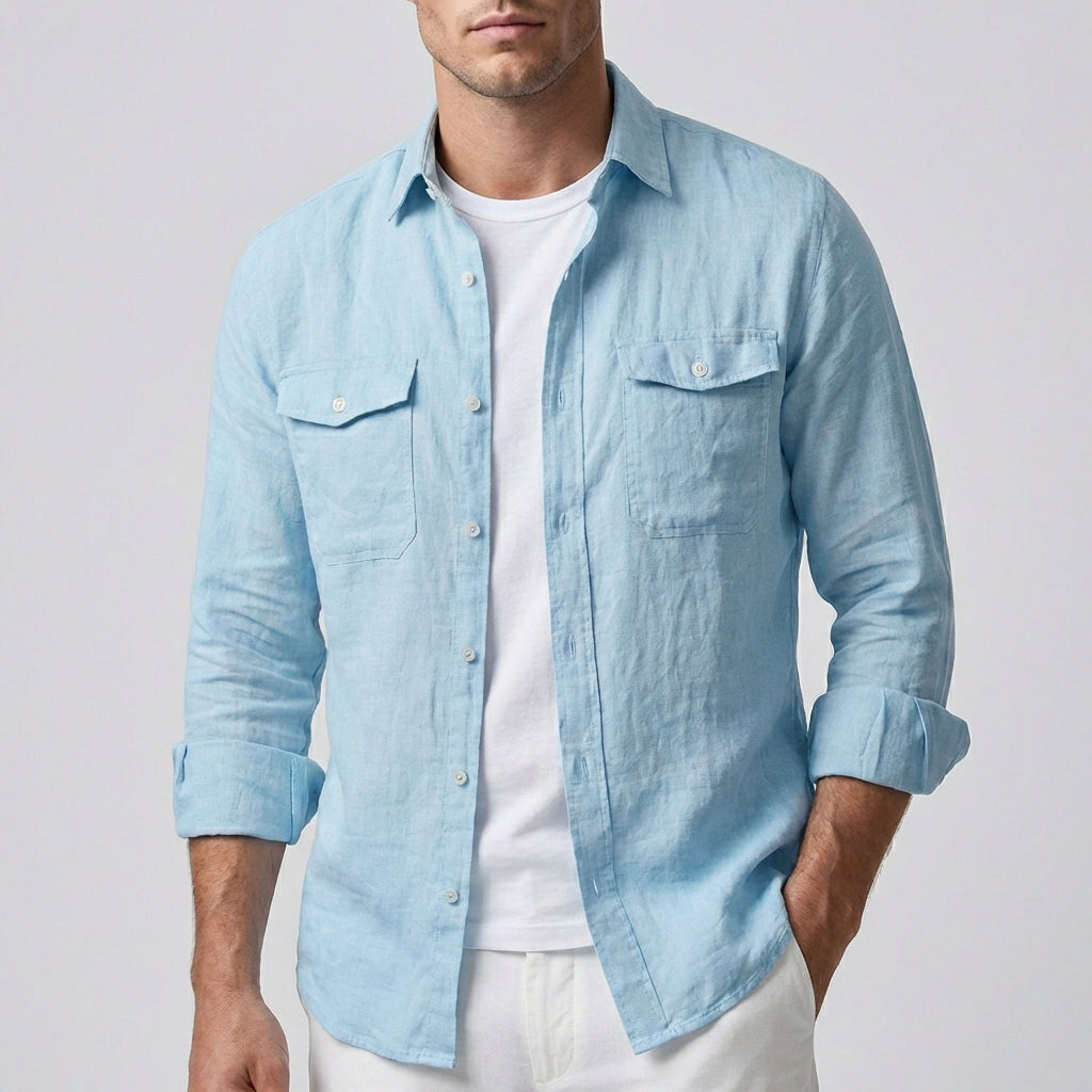 Men's Linen Shirt Button Front Chest Pockets - 
Fashinoza