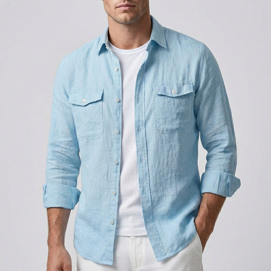 Men's Linen Shirt Button Front Chest Pockets - 
Fashinoza