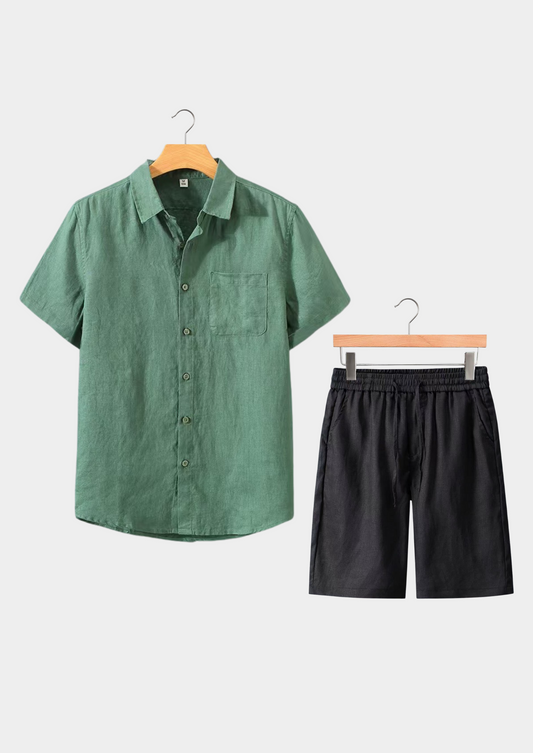 Men's Linen Summer Set Button Shirt Drawstring Shorts - 
Fashinoza