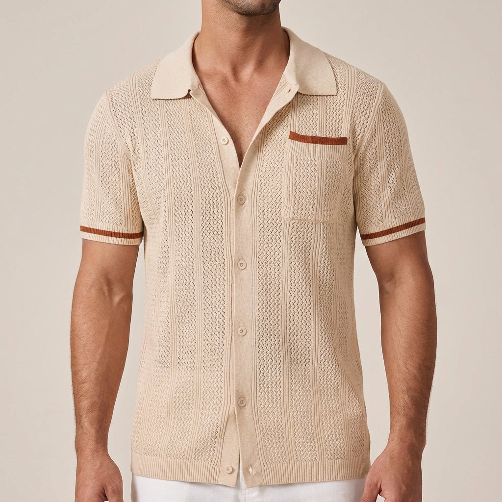 Men's Polo Shirt Open-Knit Camp Collar Button Front - 
Fashinoza