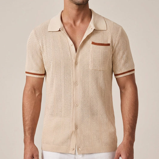 Men's Polo Shirt Open-Knit Camp Collar Button Front - 
Fashinoza