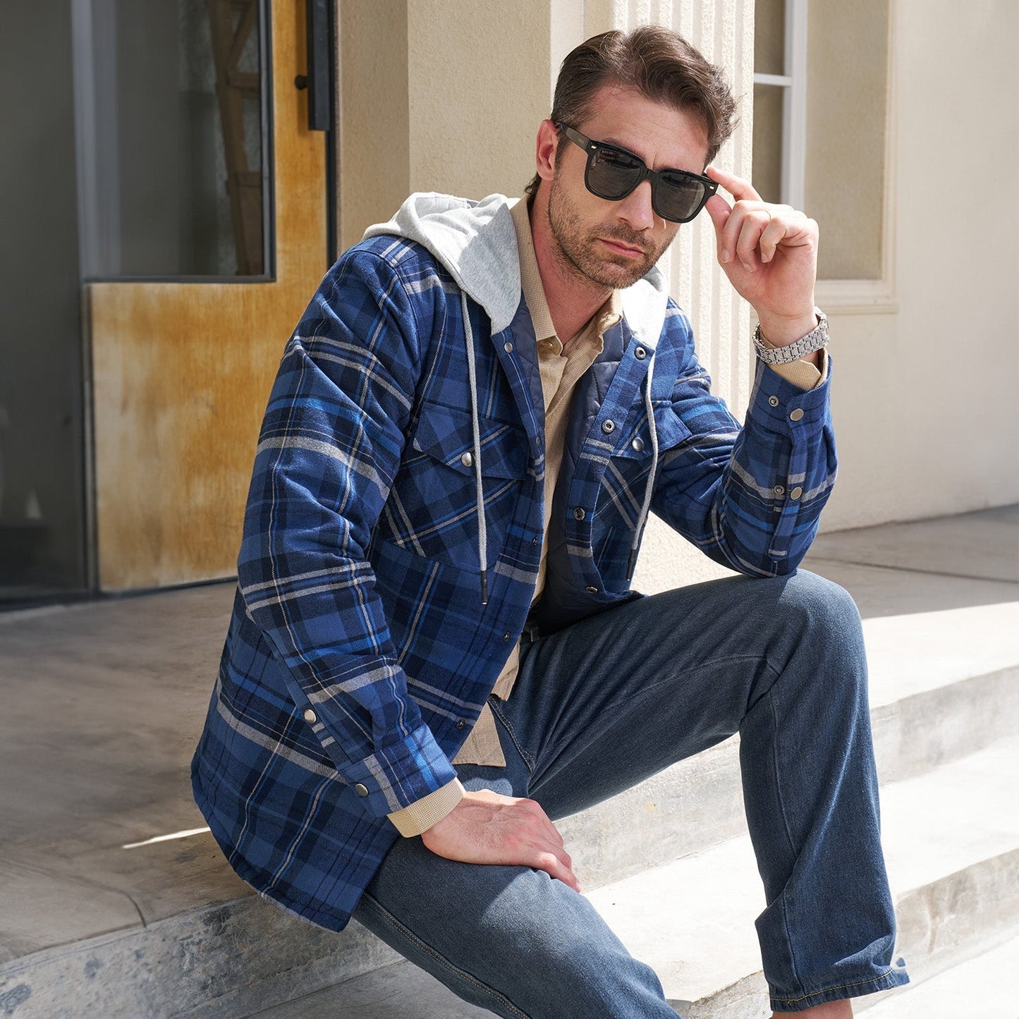 Men's Quilted Flannel Jacket With Hood