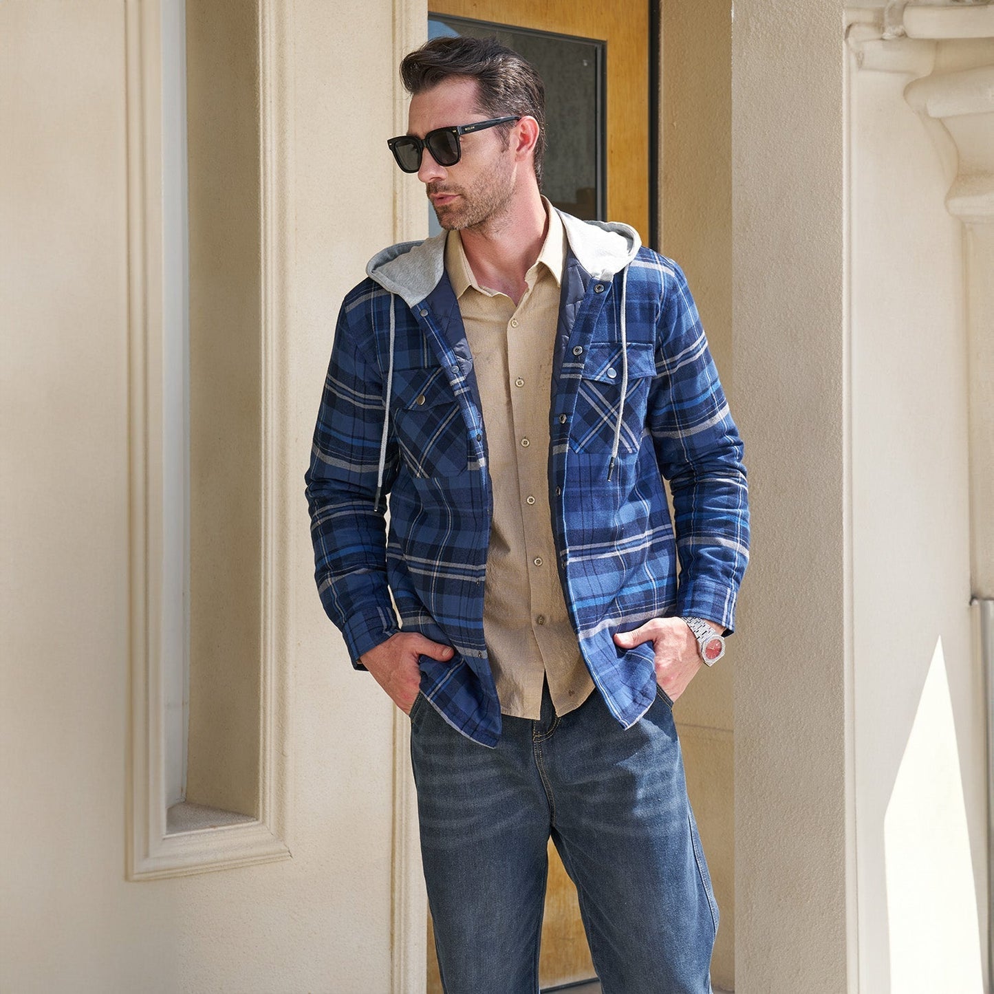 Men's Quilted Flannel Jacket With Hood